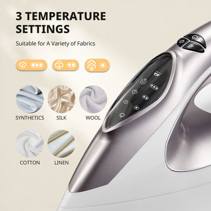 Steam Station Iron offers 5.5 bar pressure, a 1.5L water tank, a ceramic soleplate, an anti-limescale function, vertical steaming, three adjustable temperatures, cord storage, 2400W power, and comes in light purple., Steam Ir