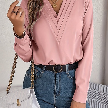 Women'S Elegant V-Neck Long Sleeve Shirt, Solid Color Polyester Blouse with Triple V-Cut, 95% Polyester 5% Elastane, Woven Fabric, 120g/m², for Spring/Summer/Fall - Adult