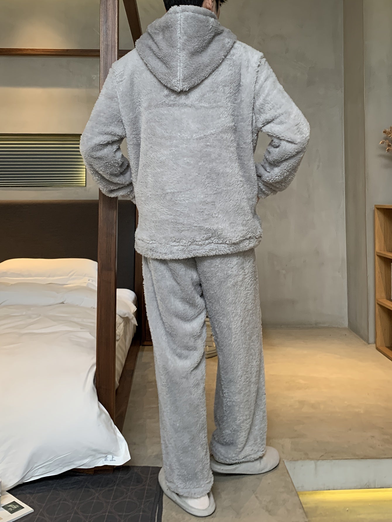 Men's Coral Velvet Pajamas Autumn and Winter Thickened Velvet Winter Hooded Flannel Warm Youth Pajama Set