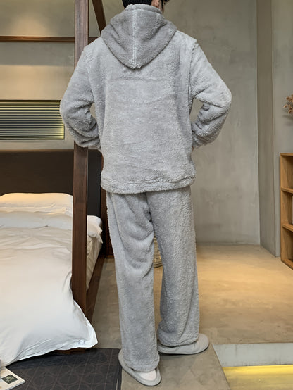 Men's Coral Velvet Pajamas Autumn and Winter Thickened Velvet Winter Hooded Flannel Warm Youth Pajama Set