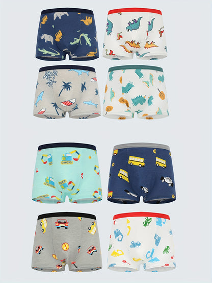 8pcs Boys' Boxer Briefs with Dinosaur & Excavator Truck Cartoon Designs - Breathable Stretch Fabric, Elastic Waistband, Soft Casual Underwear for Youngsters, Youth Boy Stylish Boxers