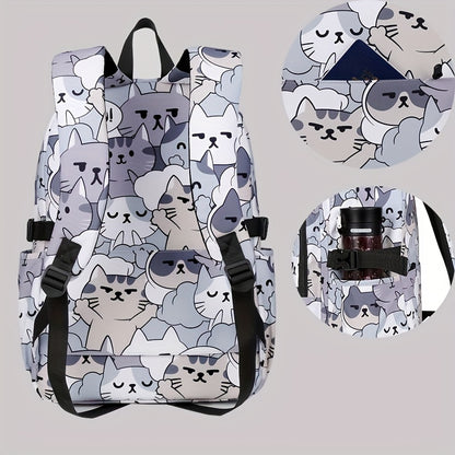 Casual Fashion Cartoon Cats Print Knapsack With Adjustable Strap And Large Capacity, Zip Up, Trendy Backpack For Travel And School
