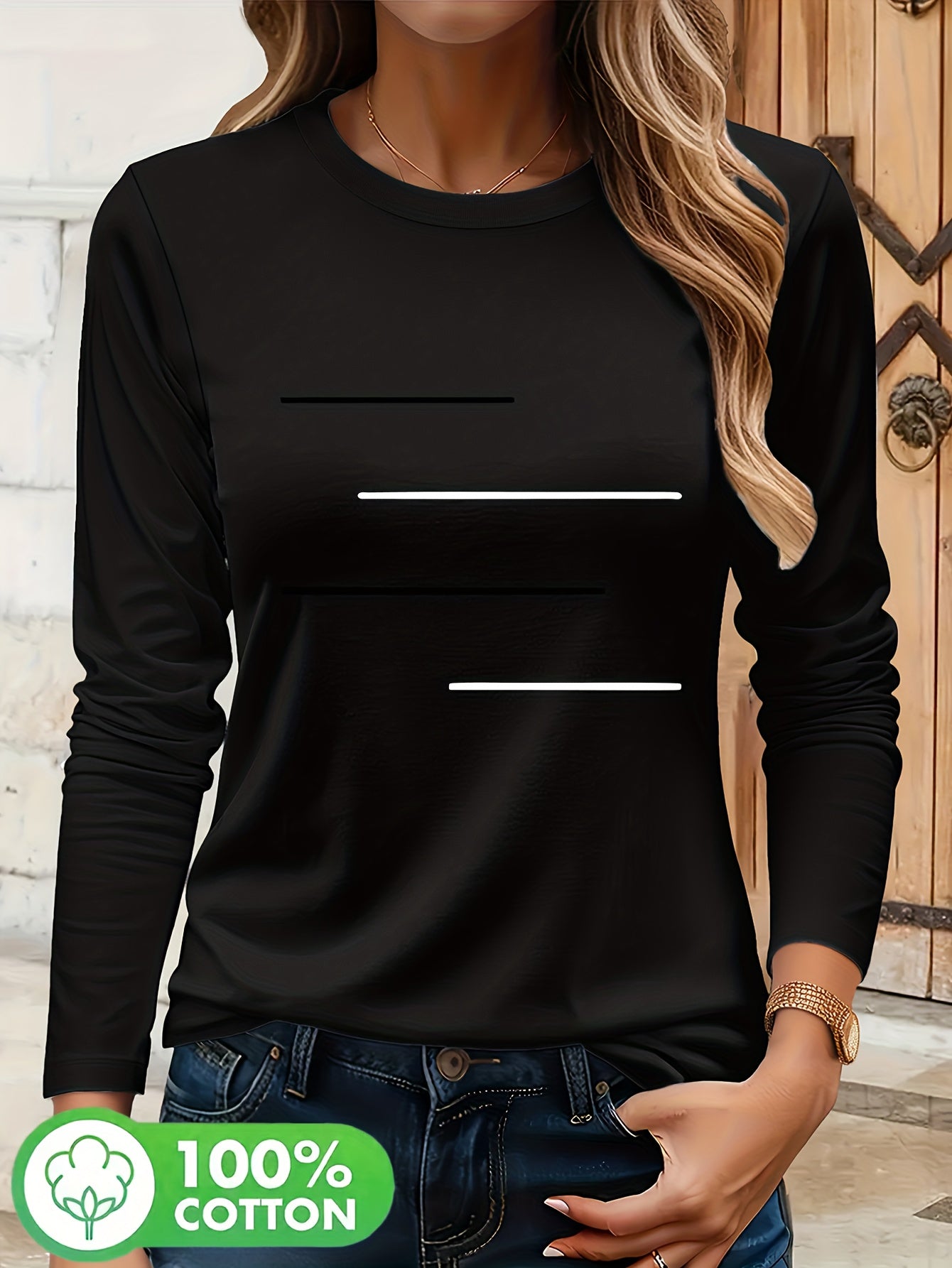 Simple Black and White Parallel Stripe Pattern Print T-Shirt, Suitable for Family Travel, Vacation, Casual, Parent- Matching Tee 9734