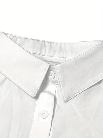 Blusa de cor sólida com gola de lapela, blusa casual de manga curta com botões à frente para a primavera e verão, roupa de mulher