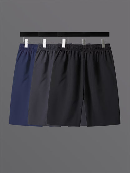 3pcs Men's Lightweight Quick-Dry Athletic Running Shorts - Loose Fit Plus Size, Zipper Pocket &amp; Elastic Waistband, Polyester/Elastane Blend Swim Shorts with White &amp; Black Design for Gym, Beach, Jogging - Summer Workout Swim T