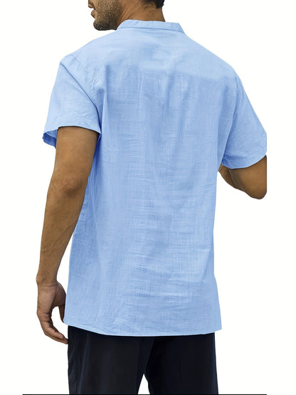 Camisa de homem, gola padre, manga curta, estilo Henley, ideal para o verão, uso casual, negócios e ocasiões formais.