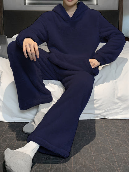 Men's Coral Velvet Pajamas Autumn and Winter Thickened Velvet Winter Hooded Flannel Warm Youth Pajama Set