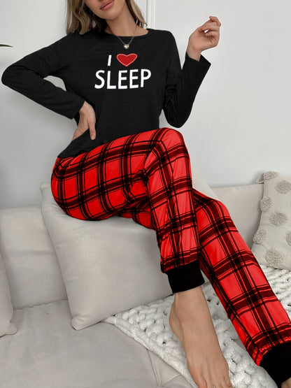 Autumn and Winter Women's Pajama Set with Long Sleeves, Pants, Cute Cartoon Heart Letter Print Plaid Lounge Wear
