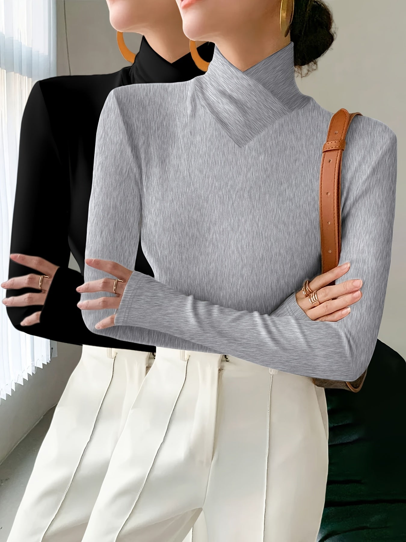 Solid Color Slim Fit Long Sleeve High Neck Pullover T-Shirt Two-Piece Set