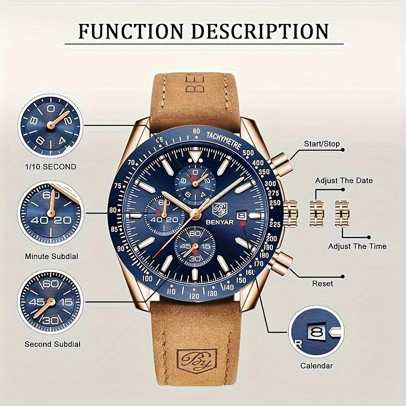 BY BENYAR Men'S Quartz Chronograph Watch - Luminous, Stainless Steel, Blue Dial with Date & Stopwatch, Faux Leather Strap, Elegant Business & Casual Style, Perfect Gift for Men, Professional Chronograph | Sleek Watch Design |