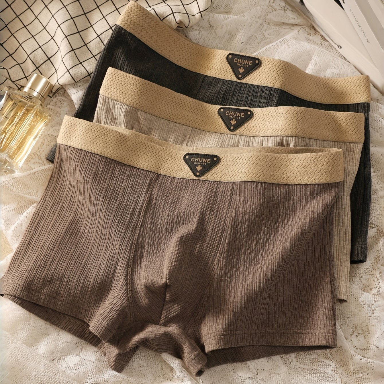 3pcs Men'S Comfortable Retro Boxer Briefs - Breathable Stretch Fabric, Solid Color (Black, Beige, Brown) with Golden Accents, Elastic Waistband &amp; Cuffs for Secure Fit, Comfortable Undergarment, Classic Boxer Design, Smooth Te