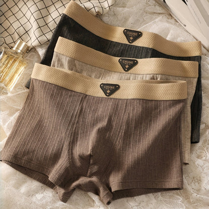 3pcs Men'S Comfortable Retro Boxer Briefs - Breathable Stretch Fabric, Solid Color (Black, Beige, Brown) with Golden Accents, Elastic Waistband &amp; Cuffs for Secure Fit, Comfortable Undergarment, Classic Boxer Design, Smooth Te