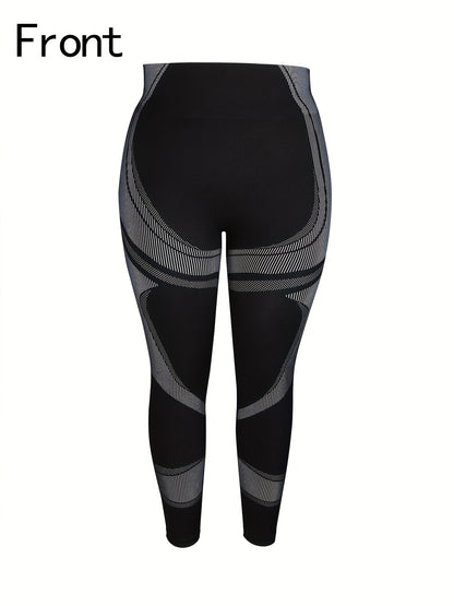 1pc Women'S Plus Size High Waist Seamless Yoga Pants, Nylon & Spandex Stretch Fabric, Striped Pattern, Breathable Mesh, Non-Waterproof, Spring/Summer/Autumn Tights for Yoga & Fitness