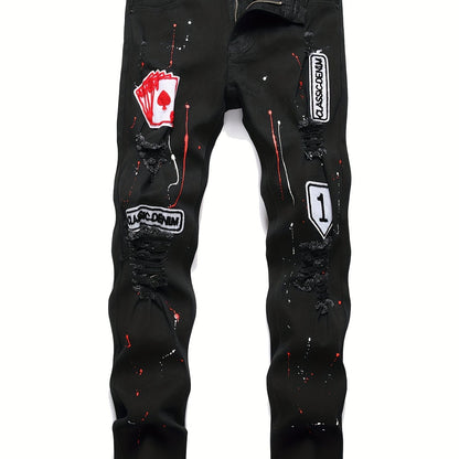 Patch Splatter Ripped Jeans, Men's Casual Street Style Distressed Slim Fit High Stretch Denim Pants For Spring Summer