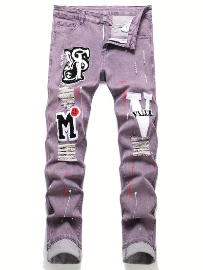 Patch Splatter Ripped Jeans, Men's Casual Street Style Distressed Slim Fit High Stretch Denim Pants For Spring Summer