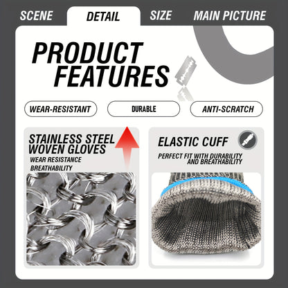 1pc Long Cuff Stainless Steel Wire Mesh Cut-Resistant Glove with White Nylon Liner - Cut Level 9 Protection, Machine Washable, Ideal for Butchering, Glass Handling, and Industrial Work