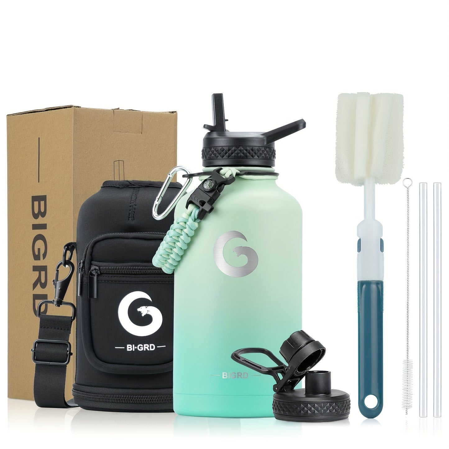 1pc BIGRD 40Oz 64Oz Insulated Water Bottle 304 Stainless Steel Spray Coating Dishwasher Safe, with 2 Lids, Sling Cup Sleeve, Hand-Held Braided Rope, Cup Brush, 2 Straws And Straw Brush, Color Box Packaging