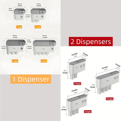 No Drill Adhesive Wall-Mounted Modern White Bathroom Organizer Set with 2-in-1 Magnetic Toothpaste Dispenser & Multi-Tier Storage Shelf - Space-Saving Over Sink Organizer with Suction Cup Hooks, Durable Plastic Construction f