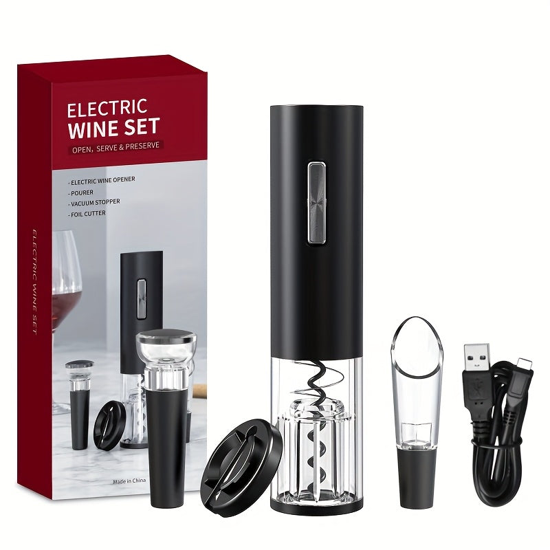 USB Rechargeable Wine Bottle Opener Set | Fully Automatic Spiral Corkscrew + Foil Cutter + Vacuum Stopper + Pourer | Quick Cork Removal Without Jamming | Recommended for Home Parties | Compatible with Wine/Champagne/Soda | Ki