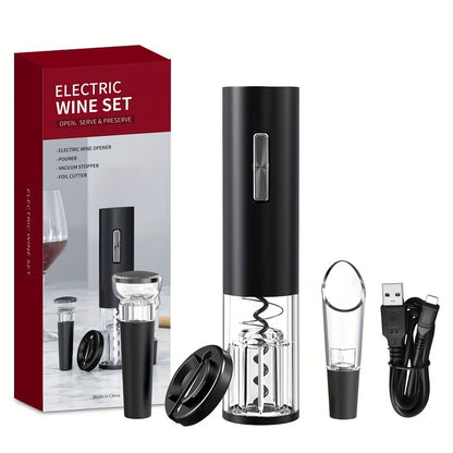 USB Rechargeable Wine Bottle Opener Set | Fully Automatic Spiral Corkscrew + Foil Cutter + Vacuum Stopper + Pourer | Quick Cork Removal Without Jamming | Recommended for Home Parties | Compatible with Wine/Champagne/Soda | Ki