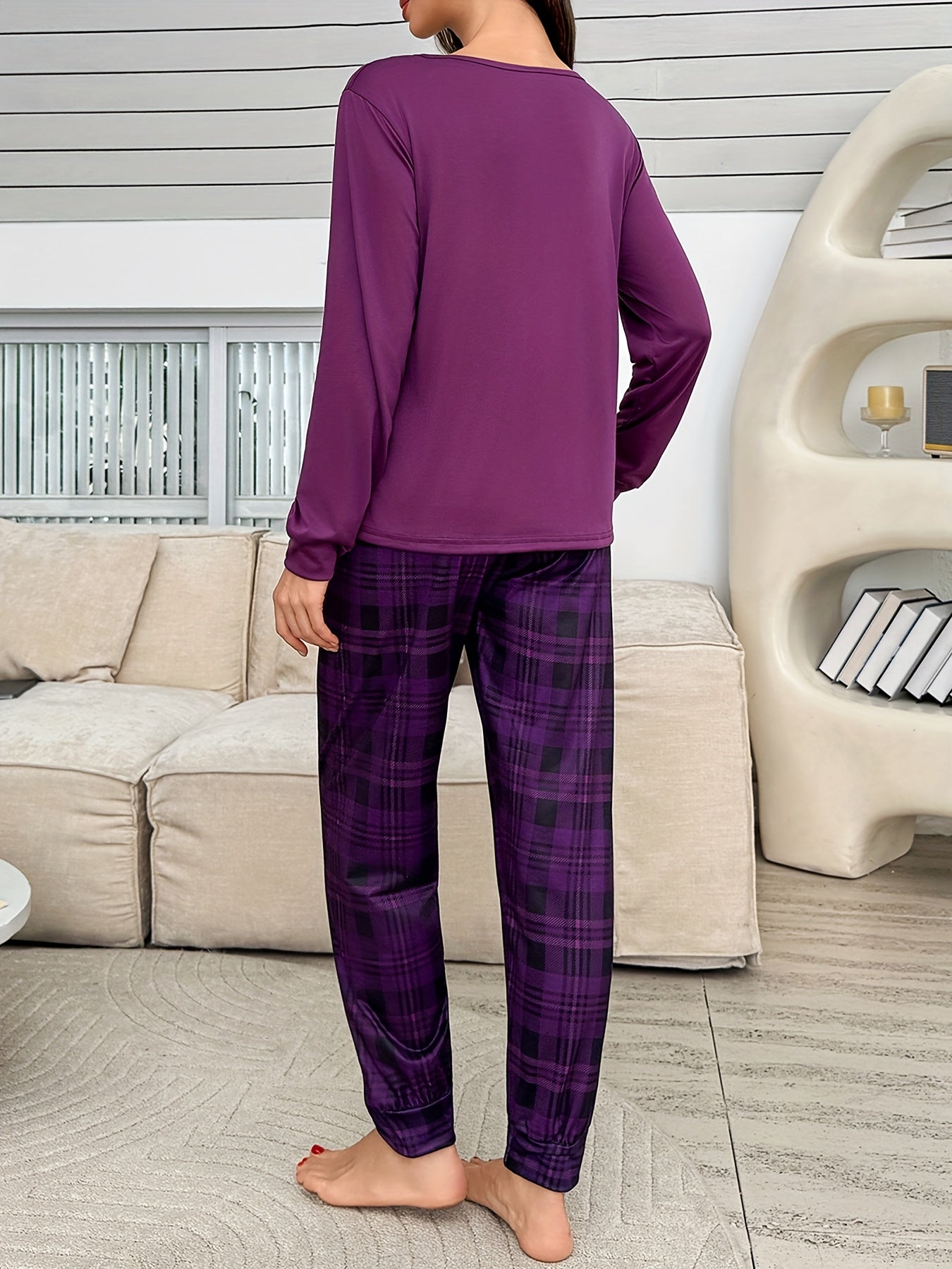 Conjunto de pijama casual para menina com estampado de corações xadrez roxo, blusa de manga comprida e calças, ideal para todas as estações.