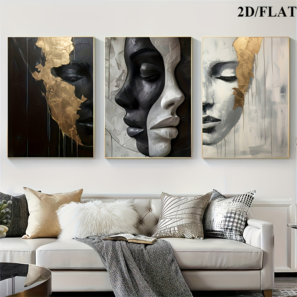 2D/Flat 3pcs Abstract Black and White Elegant Canvas Art with Wooden Frame, Large Wall Decor – Perfect for Living Room, Bedroom, Dining Room, Office – Ideal Halloween &amp; Easter Gift, Flat 2D Design