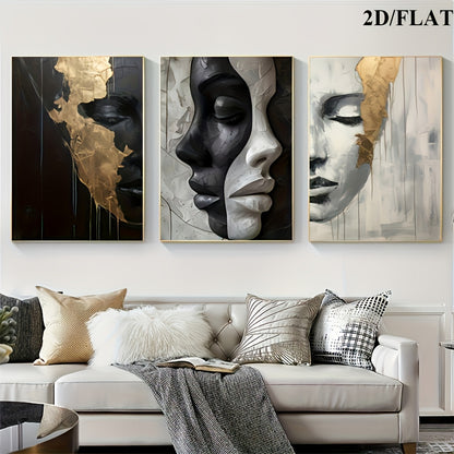 2D/Flat 3pcs Abstract Black and White Elegant Canvas Art with Wooden Frame, Large Wall Decor – Perfect for Living Room, Bedroom, Dining Room, Office – Ideal Halloween &amp; Easter Gift, Flat 2D Design