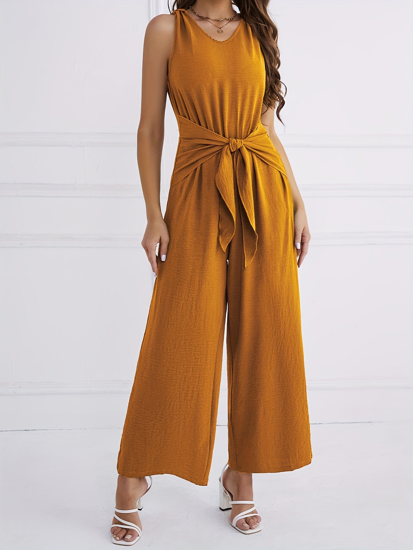 Macacão com decote em V e nó, macacão casual sem mangas com pernas largas para a primavera e verão, roupa para mulher