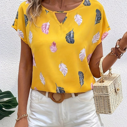 Vintage Graphic Print Cut Out Blouse, Casual Batwing Sleeve Blouse For Spring & Summer, Women's Clothing