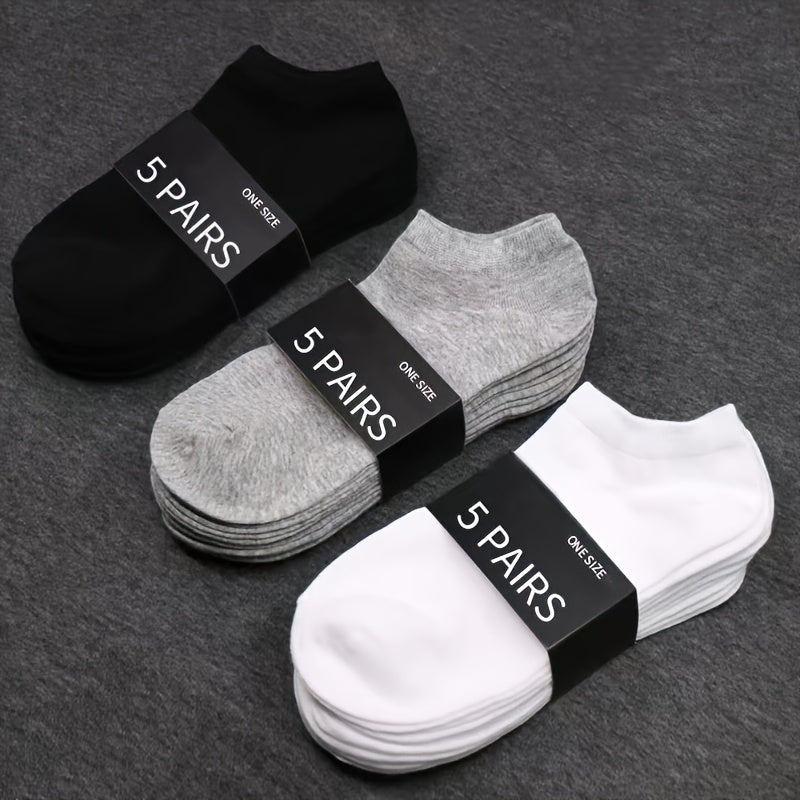 5 Pairs Ultra-Comfortable Low-Cut Ankle Socks - Breathable, Stretchy, and Durable for Sports & Casual Attire - Solid Black, Gray, and White, Sports Socks, Versatile Sock Options, Simple Sock Design, Breathable Fabric