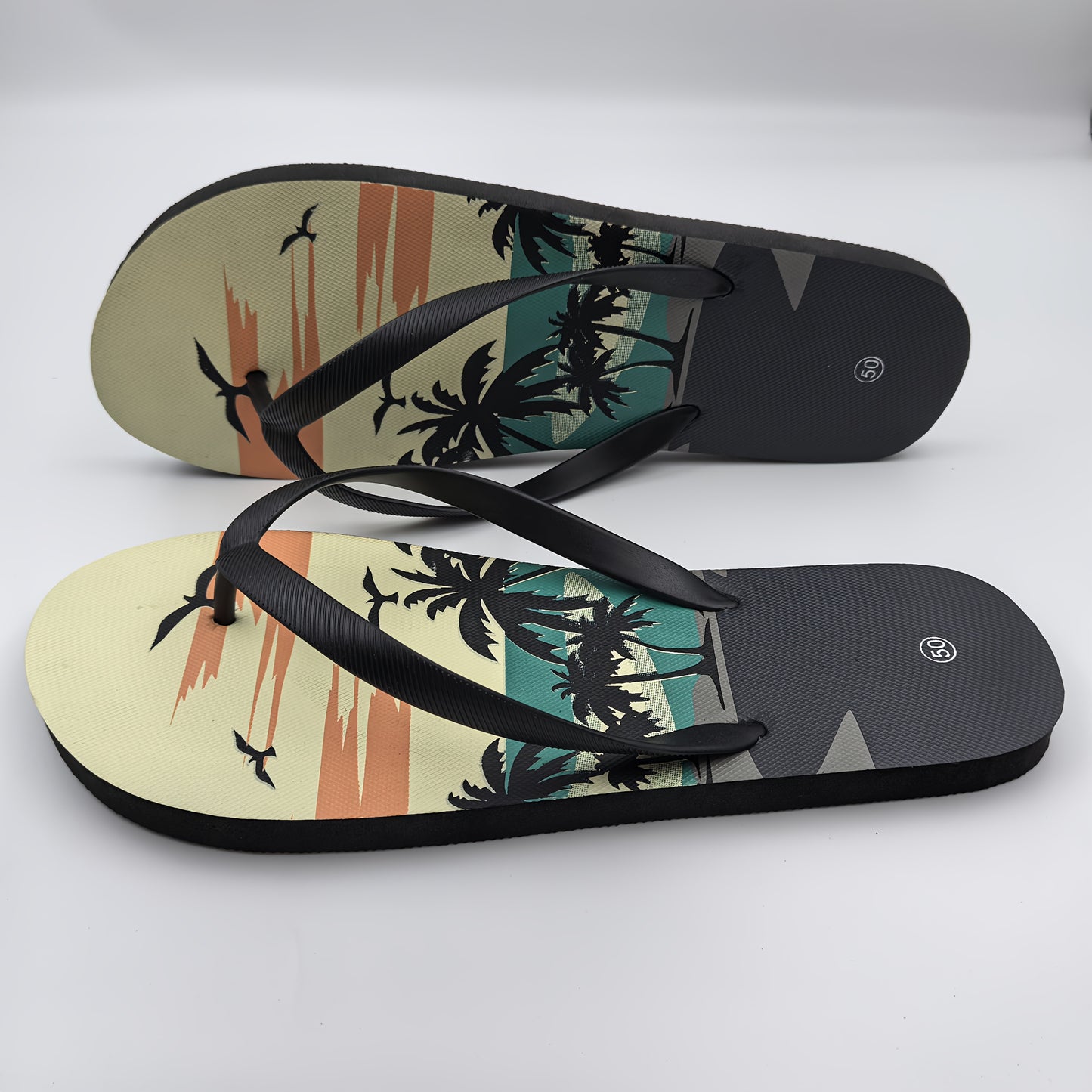 Men's Oversized Slip-On Flip Flops with Tropical Palm Tree & Sunset Print - Non-Slip Beach Sandals, Cushioned EVA Sole & Arch Support, -Resistant PVC Upper for Pool, Vacation, Casual Wear - Wide Widths Available, Vacation Foo