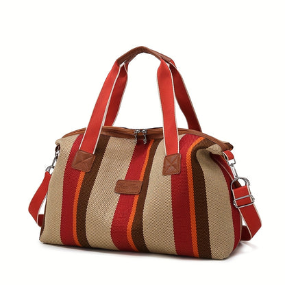 HUOHUO Women's Large Capacity Retro Striped Travel Handbag & Carry-On Luggage - Lightweight Nylon Suitcase with Adjustable Strap, Golden-Tone Hardware, Zipper Closure & Lining - Casual & Formal Use for Airplane, Train, Car Tr