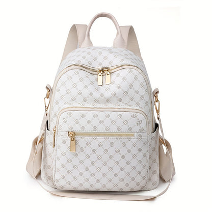 Women's Clover Backpack - Large Capacity, Adjustable Straps,, Zip Closure, Geometric Pattern, Beige//Black, Casual College Style, Perfect for Students and Travel, Backpack for School