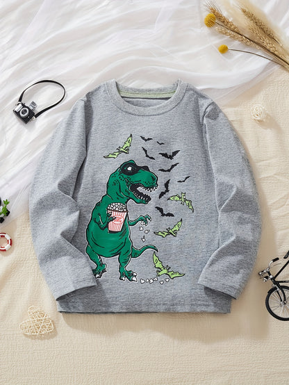 Boys' Long Sleeve Cotton T-Shirt, Casual Crew Neck, Dinosaur Print, Breathable Knit Fabric, for Fall - Casual & Outdoor Wear