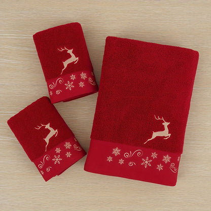 3pcs Christmas 100% Cotton Towel Bath Towel Set 2pcs Towels + 1pc Bath Towel Cotton Terry Embroidered Reindeer Towel Bath Towel, Christmas Red Towel Bath Towel Set, Merry Christmas Bathroom Supplies, Christmas Gift Christmas