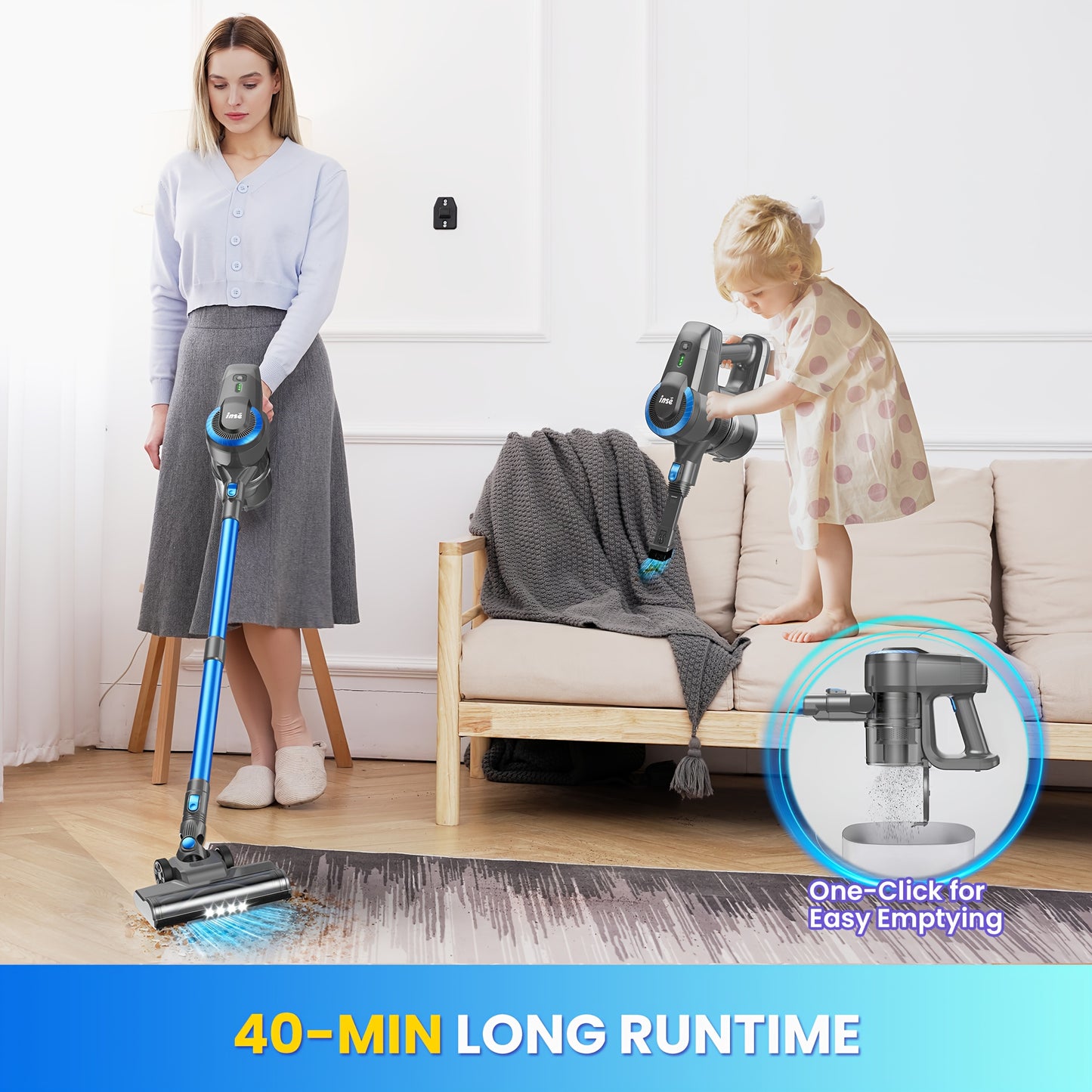 INSE Cordless Vacuum Cleaner, 6-in-1 Lightweight Stick Vacuum, Powerful Rechargeable Vacuum Cleaner, Perfect for Hardwood Floor Carpet Pet Hair Home, Vacuum Cleaner for Home Heavy Duty, Cordless Vacuum Cleaner High Suction, V