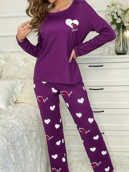 Plus Size Casual Heart Print Round Neck Long Sleeve Pantsuit