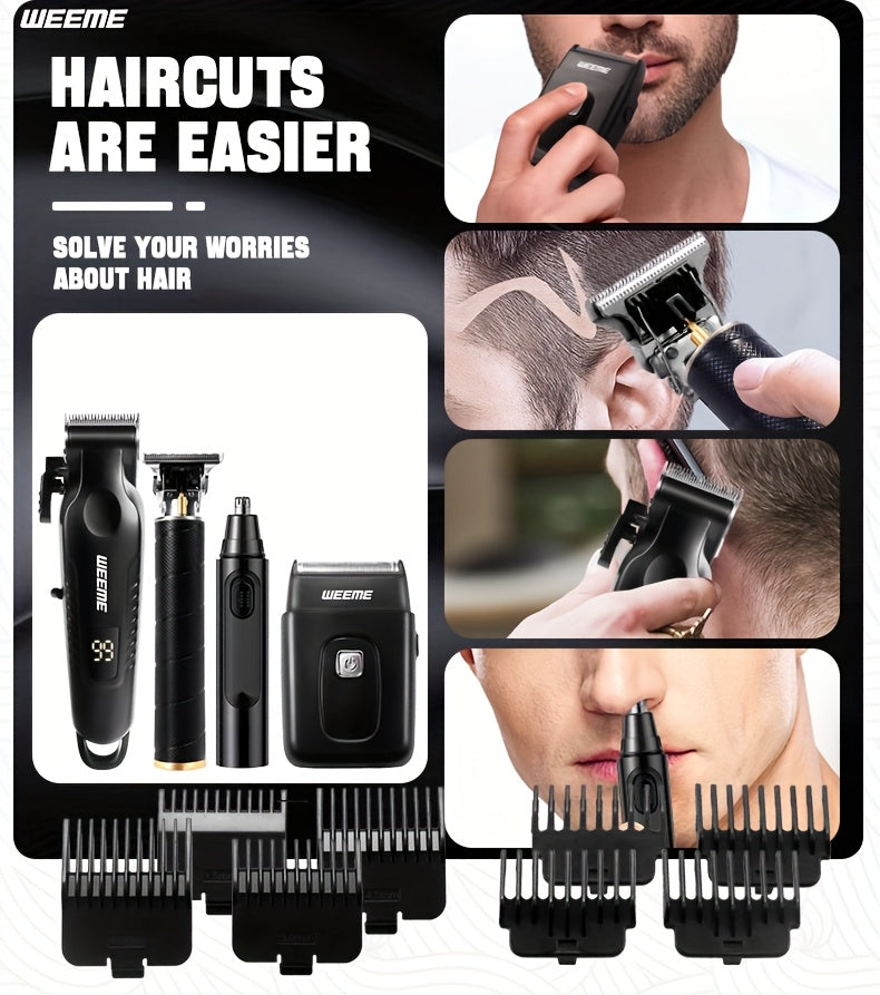 WEEME 4pcs for Man's Grooming Kit Electric Hair Clipper + Beard Trimmer + Shaver + Nose Hair Trimmer, USB Rechargeable with LCD Display | Perfect Gift for Dad, Husband, Boyfriend (Father's Day/Birthday)