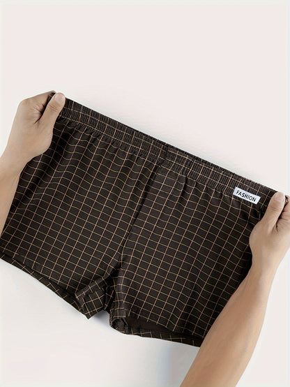 3pcs Men'S Loose Fit Plaid Boxer Briefs - 95% Mid-Rise Athletic Shorts with Elastic Waistband, Breathable &amp; Comfortable for Casual Attire, Black/White/Beige/White/Gray/Beige, Everyday Comfort Shorts | Relaxed Fit Shorts | Med