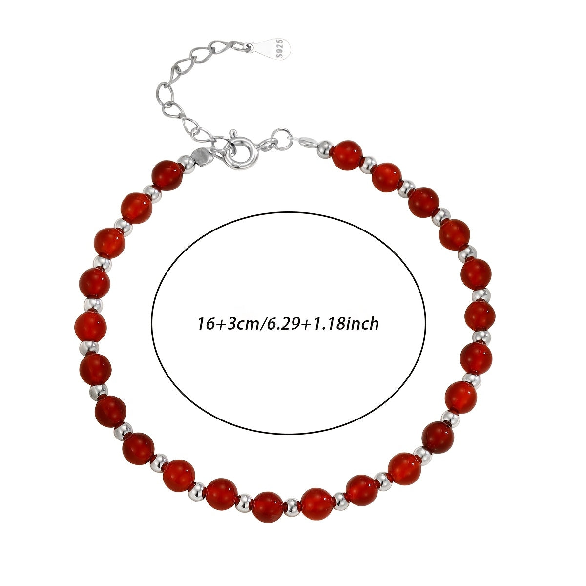 925 Pure Silvery Material Versatile Round Bead Red Agate Bracelet, Temperament Jewelry, Light Luxury Style, Gemstone Bead Bracelet, Women's Trendy Accessory, Gift Box Included