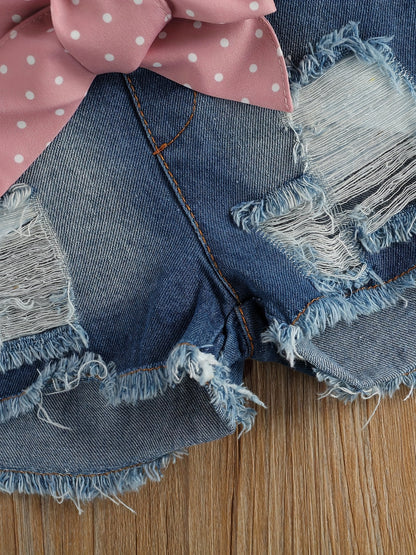Adorable Girls' Ice Cream Print Short Sleeve Tee & Ripped Denim Shorts Set with Pink Bow Accent - Stretchy, Breathable Summer Outfit for Casual Wear, Perfect for Outdoor