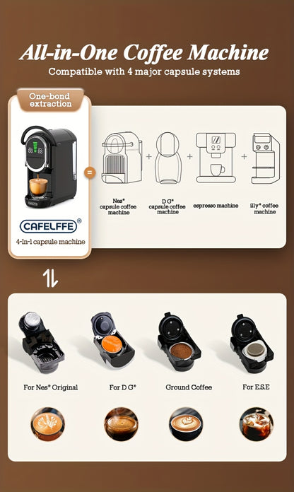 CAFELFFE 4-in-1 Capsule Coffee Machine | 19 Bar Espresso Maker | Smart Temp Control & 7 Preset Brewing Times | Compatible with Nes/DG/ Capsules Ground Coffee/ESEpod | Premium Gift Set for Coffee Lovers & Family, Automatic Esp