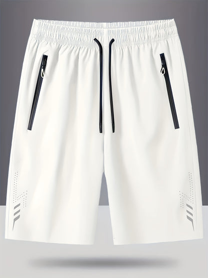 3pcs Men's Lightweight Quick-Dry Athletic Running Shorts - Loose Fit Plus Size, Zipper Pocket &amp; Elastic Waistband, Polyester/Elastane Blend Swim Shorts with White &amp; Black Design for Gym, Beach, Jogging - Summer Workout Swim T