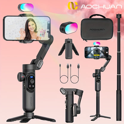 AOCHUAN Smart X Pro 3-Axis Stabilized Phone Gimbal Kit with AI Smart Control, 7-Color RGB Fill Light, OLED Display, Extendable Pole, 360° Rotation, Foldable Design, Long Battery Life, Professional Vlogging & Outdoor Shooting