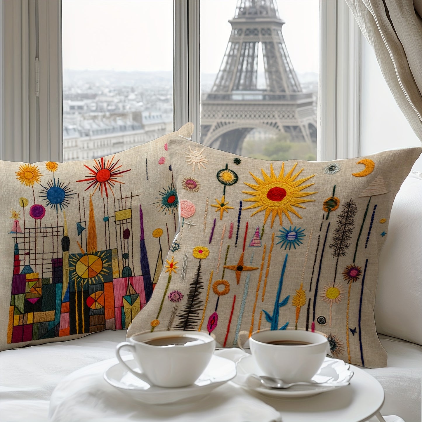 2D printing, 4pcs, abstract pillow set, with beige as the base, featuring elements such as sun and geometric shapes, full of artistic sense, not real embroidery. 45.72*45.72cm, home decoration, suitable for sofas, living rooms
