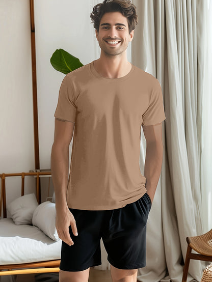 4 Pcs Of Men's Simple Style Casual Solid Color Tees, Comfy Short Sleeve Crew Neck T-shirt Home Pajamas Top Men's Summer Outdoor Clothing