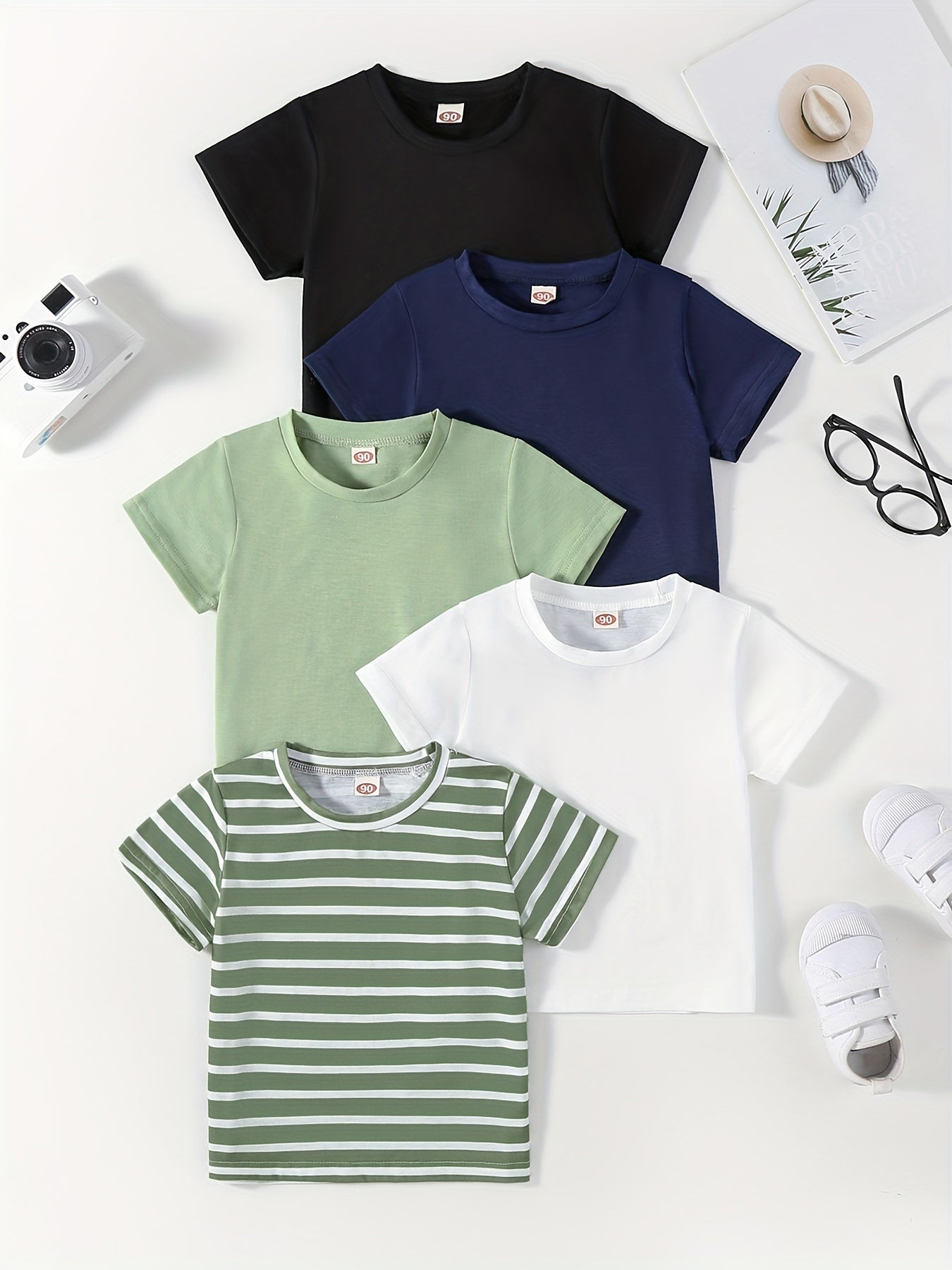 5pcs Solid Color & Striped Round Neck T-shirt Tees Tops Casual Soft Comfortable, Boys And Girls Summer Clothes