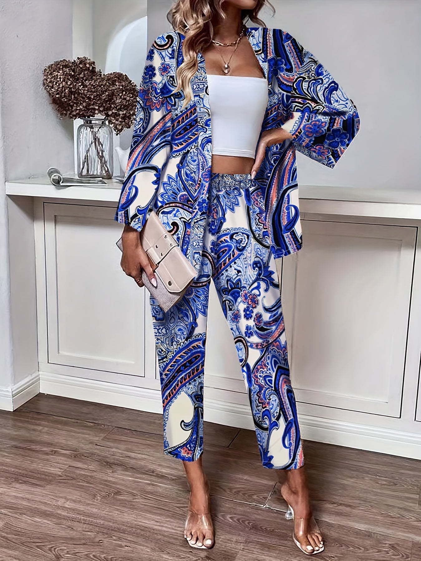 Boho Paisley Print Pants Set, Button Front Long Sleeve Blouse & Straight Leg Pants Outfits, Women's Clothing