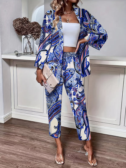 Boho Paisley Print Pants Set, Button Front Long Sleeve Blouse & Straight Leg Pants Outfits, Women's Clothing