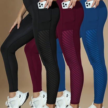 Autumn/Winter Style, Three-Pack Mesh Panel Ankle Pants with Tight Fit and Pockets, Casual Sporty Leggings for Gym Yoga Training, Gym Wear, Activewear Bottoms, Trendy Workout Pants, Stylish Activewear, Comfortable Fit, Stretch